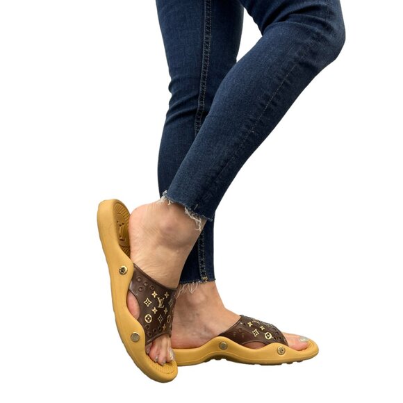 LOUIS VUITTON Vintage Monogram Logo Slide Sandals #36 US 6 Brown Rubber [103925] - Picture 2 of 13